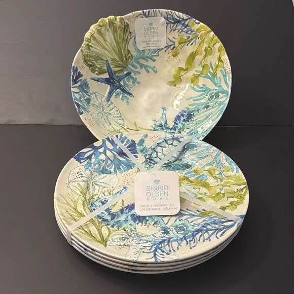 5pc SIGRID OLSEN Blue and Green Coastal Art Bowl & Dinner Plate Set - Melamine - Picture 2 of 10